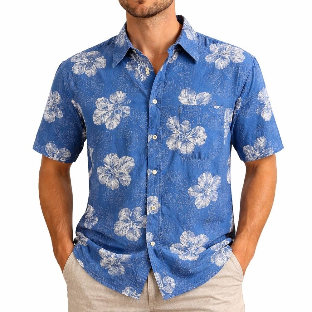 Nautica Hawaiian Aloha Shirt XL Floral White Leaf Outlines Leaves Blue